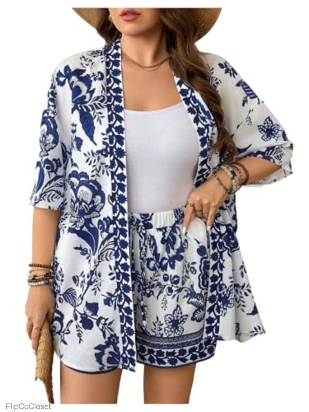 2 Piece Tropical Print Kimono Top and Shorts Set Plus Size